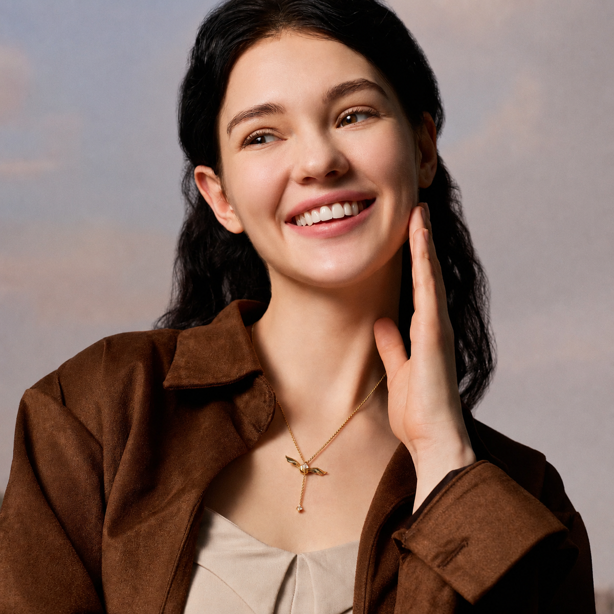 Collar Lariat Con Brillo y Alas Doradas